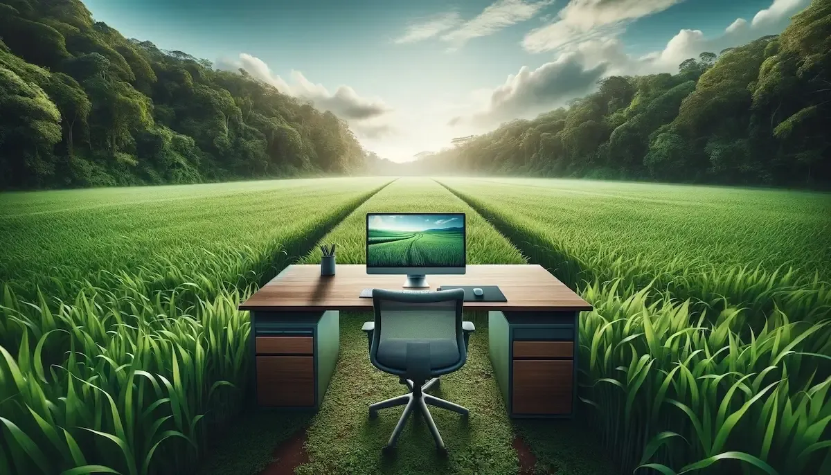 A desk with a monitor and an office chair standing in the middle of a green meadow between two forest edges