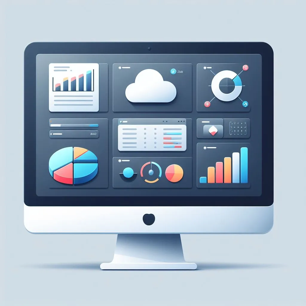 Illustrated monitor showing a dashboard of a cloud icon, bar, pie and donut charts